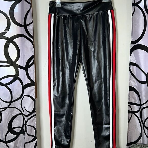 Black Faux Leather Sports Stripe Pants size large - Picture 1 of 11